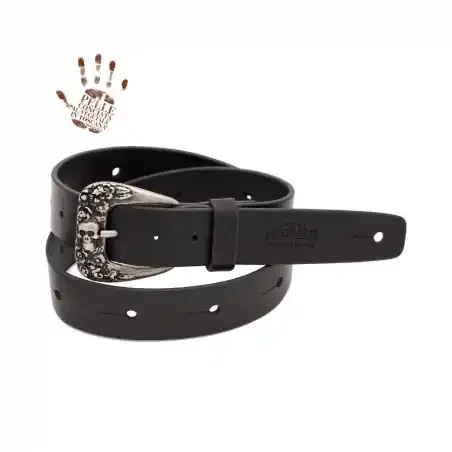 Magrabò BELT & STRAP cintura in Vera Pelle di toro Nero 4 cm, Fibbia Skull & Roses